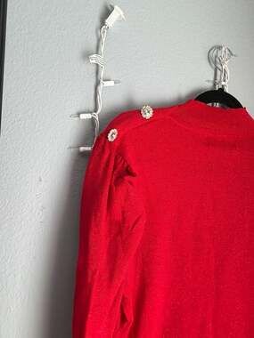 Seven Manor Red Metallic Knit Mock Neck Sweater with Rhinestone Shoulder Buttons